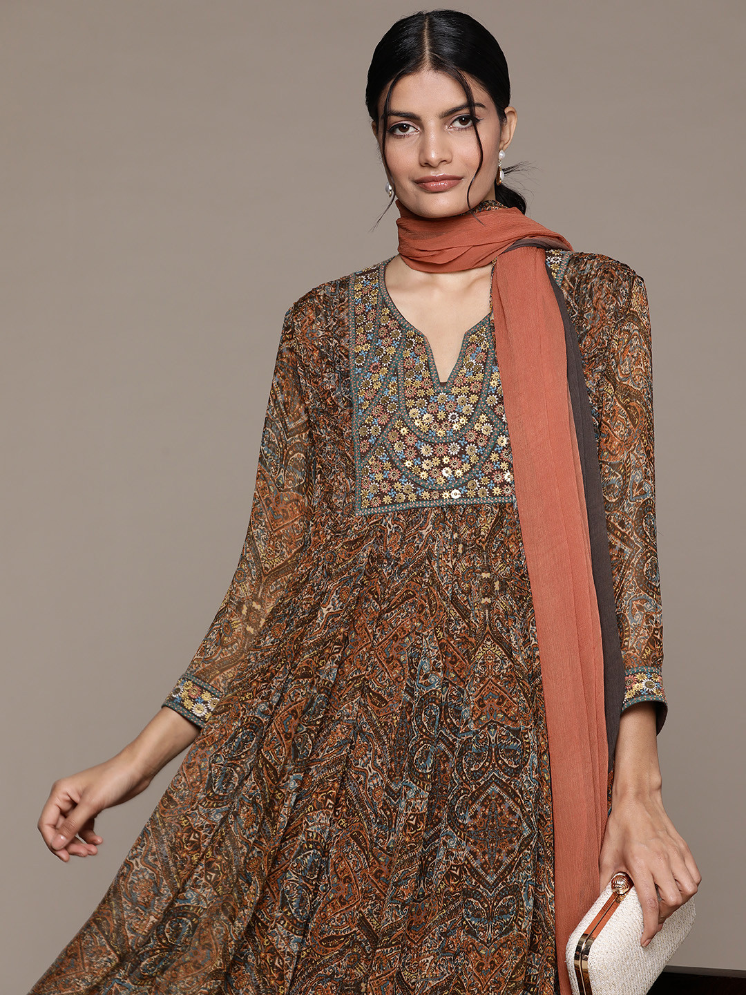 

Ritu Kumar Women Ethnic Motifs Printed A-Line Beaded Kurta with Trousers & With Dupatta, Brown