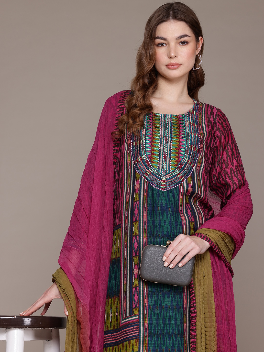 

Ritu Kumar Printed Thread Work Kurta With Palazzos & Dupatta, Teal
