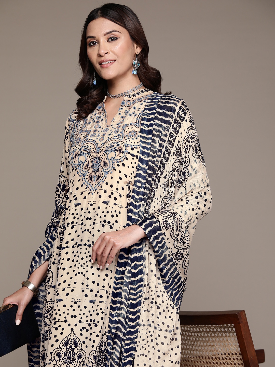 

Ritu Kumar Women Ethnic Motifs Printed Regular Thread Work Kurta with Palazzos & With Dupatta, Beige