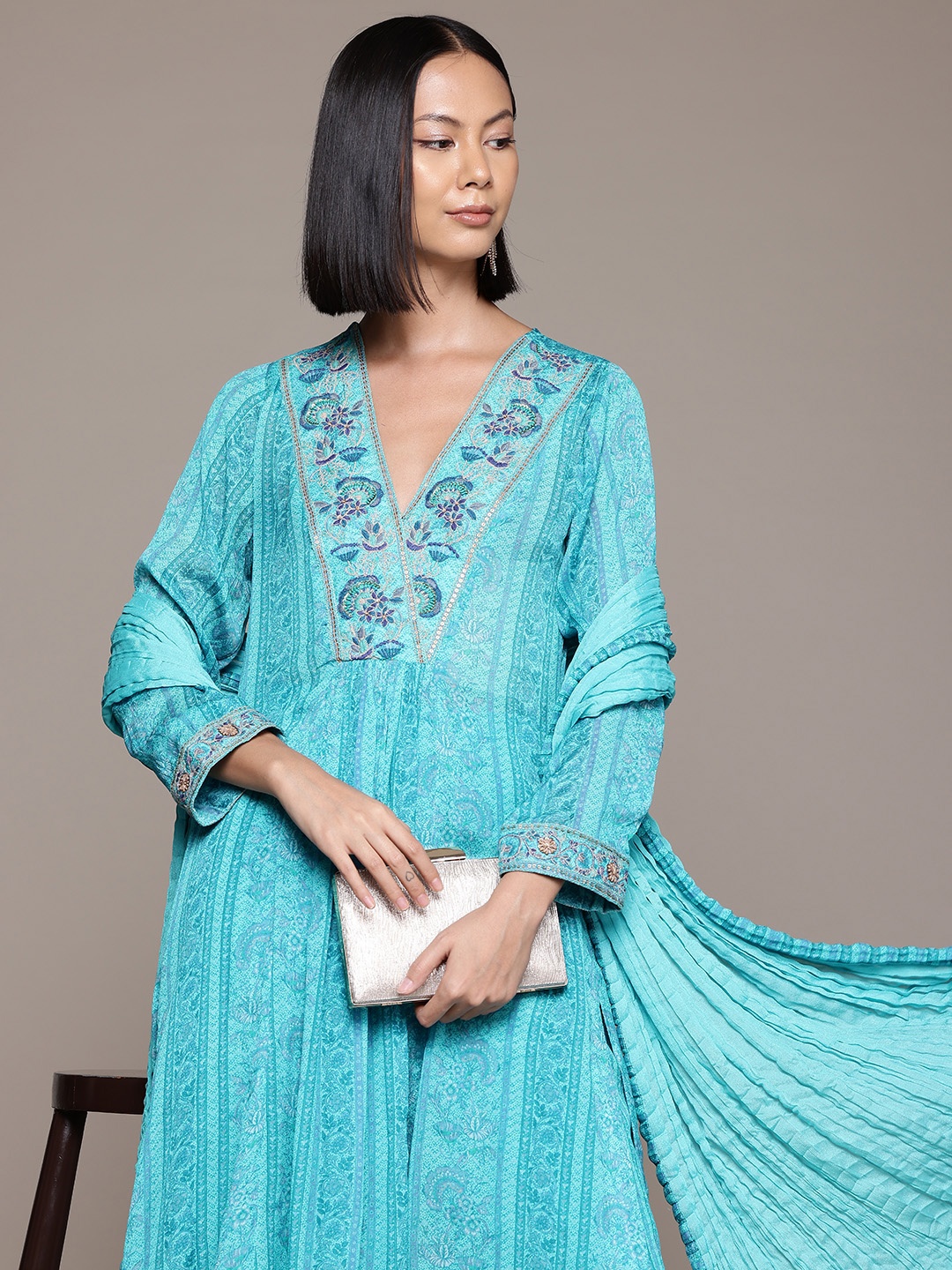 

Ritu Kumar Floral Printed Sequinned Kurta With Palazzos & Dupatta, Blue
