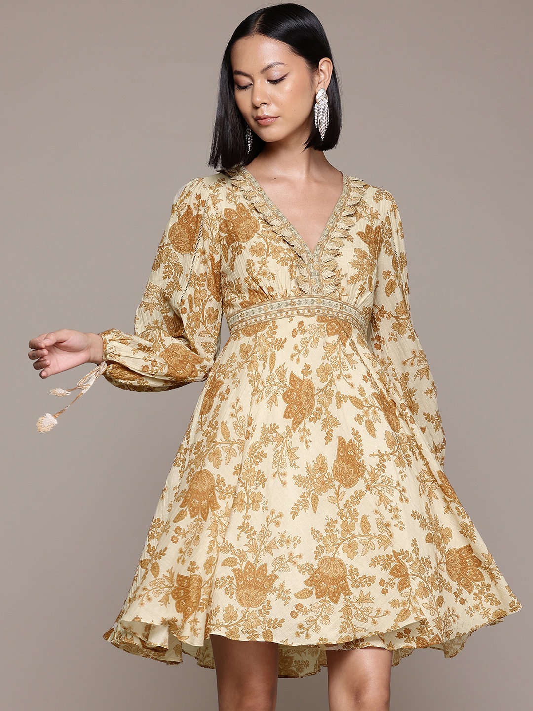 

Ritu Kumar Floral Print Puff Sleeves A-Line Dress, Beige