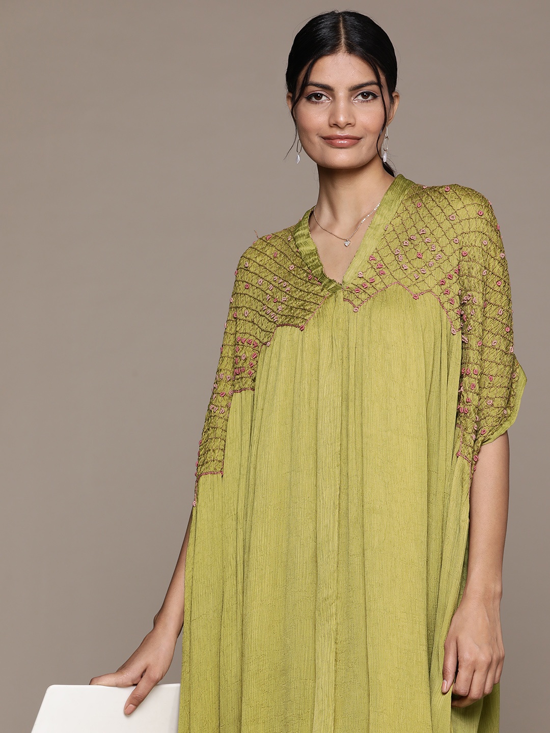 

Ritu Kumar Embroidered Puff Sleeve A-Line Midi Dress, Olive