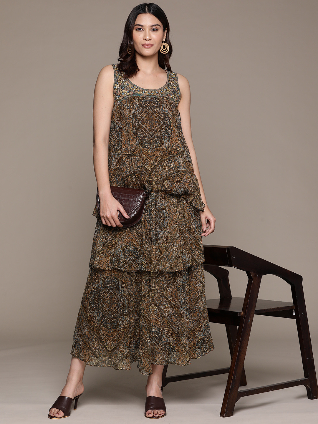 

Ritu Kumar Printed Layered Maxi Dress, Brown