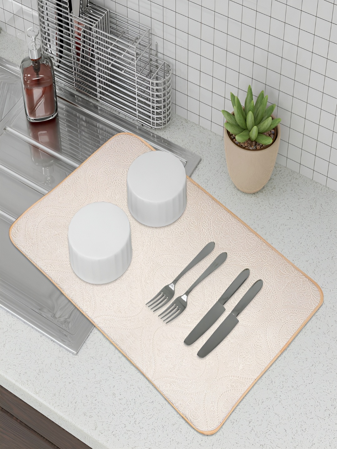 

Kuber Industries Set Of 2 Cream & Grey Self Design Dish Dry Mat