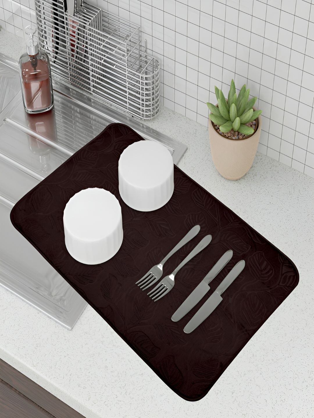 

Kuber Industries Set Of 3 Cream & Brown Self Design Dish Dry Mat