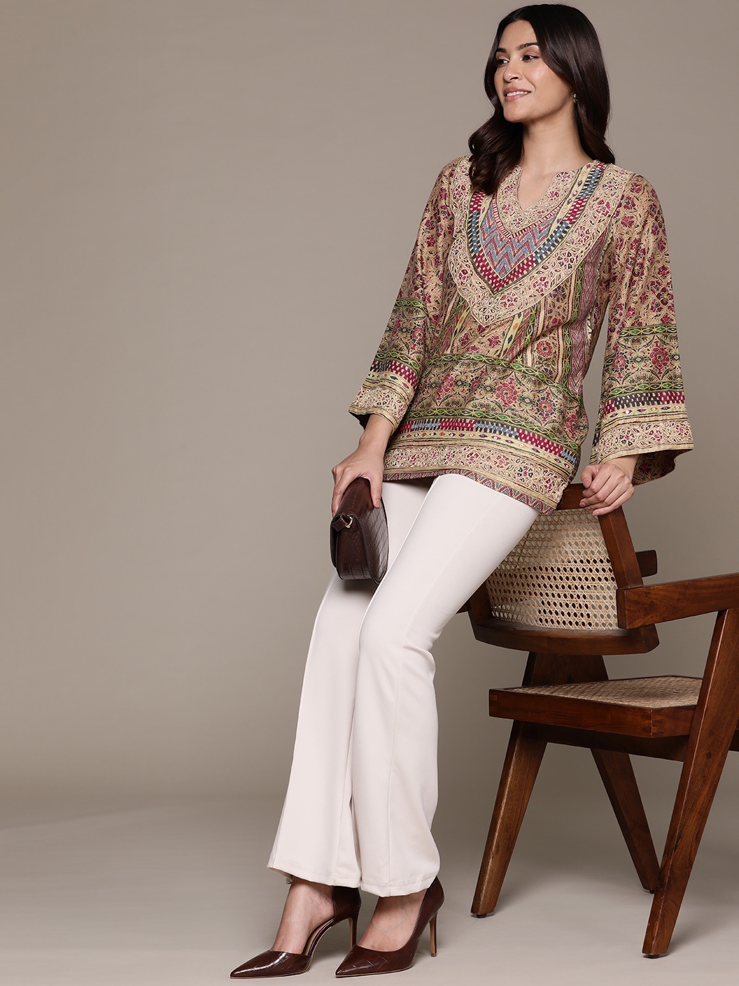 

Ritu Kumar Printed Flared Sleeve Longline Top, Beige