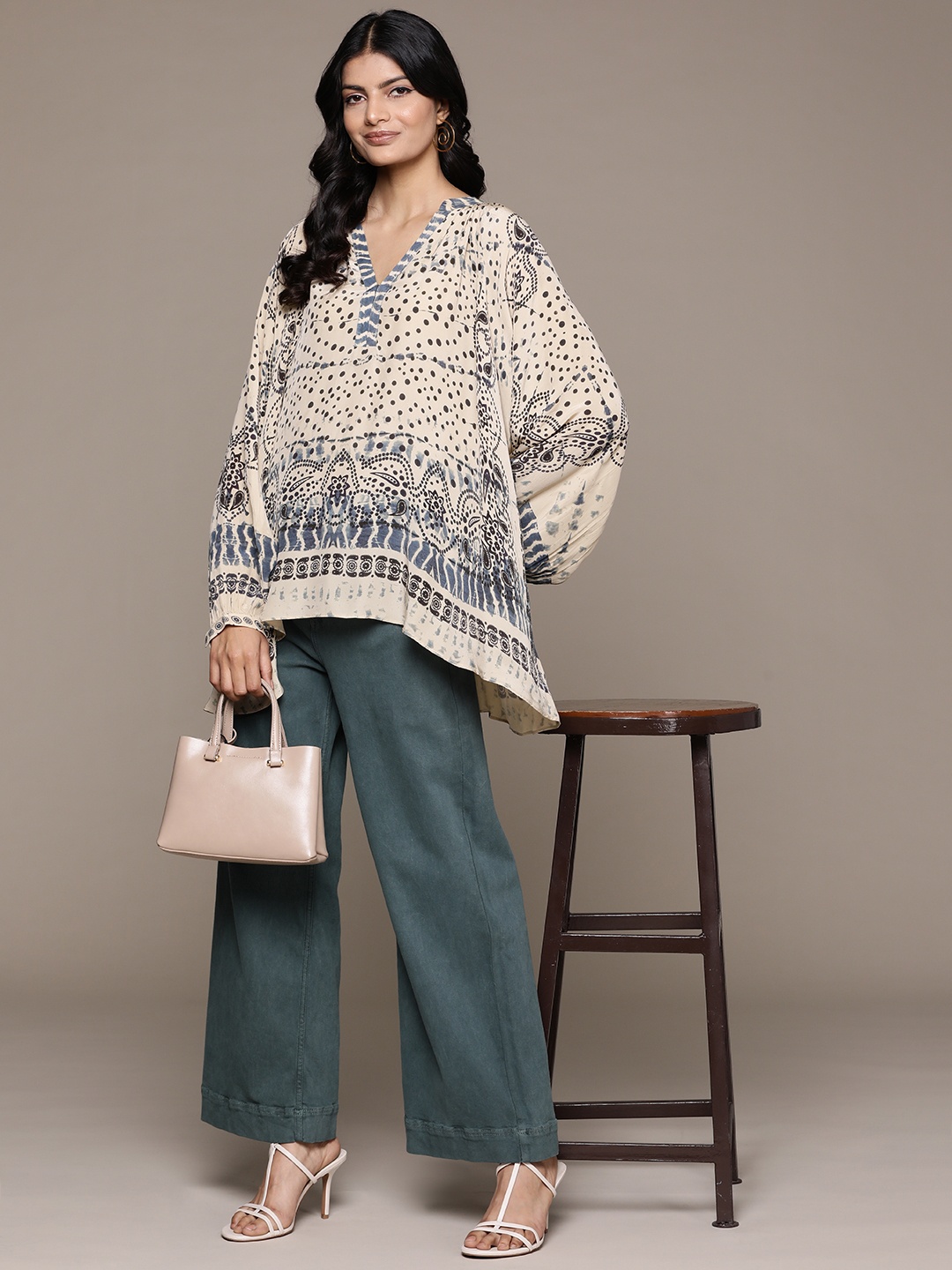

Ritu Kumar Printed A-Line Longline Top, Beige