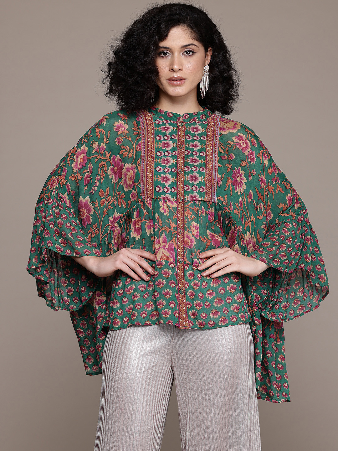 

Ritu Kumar Floral Print Mandarin Collar Bell Sleeves Longline Top, Teal