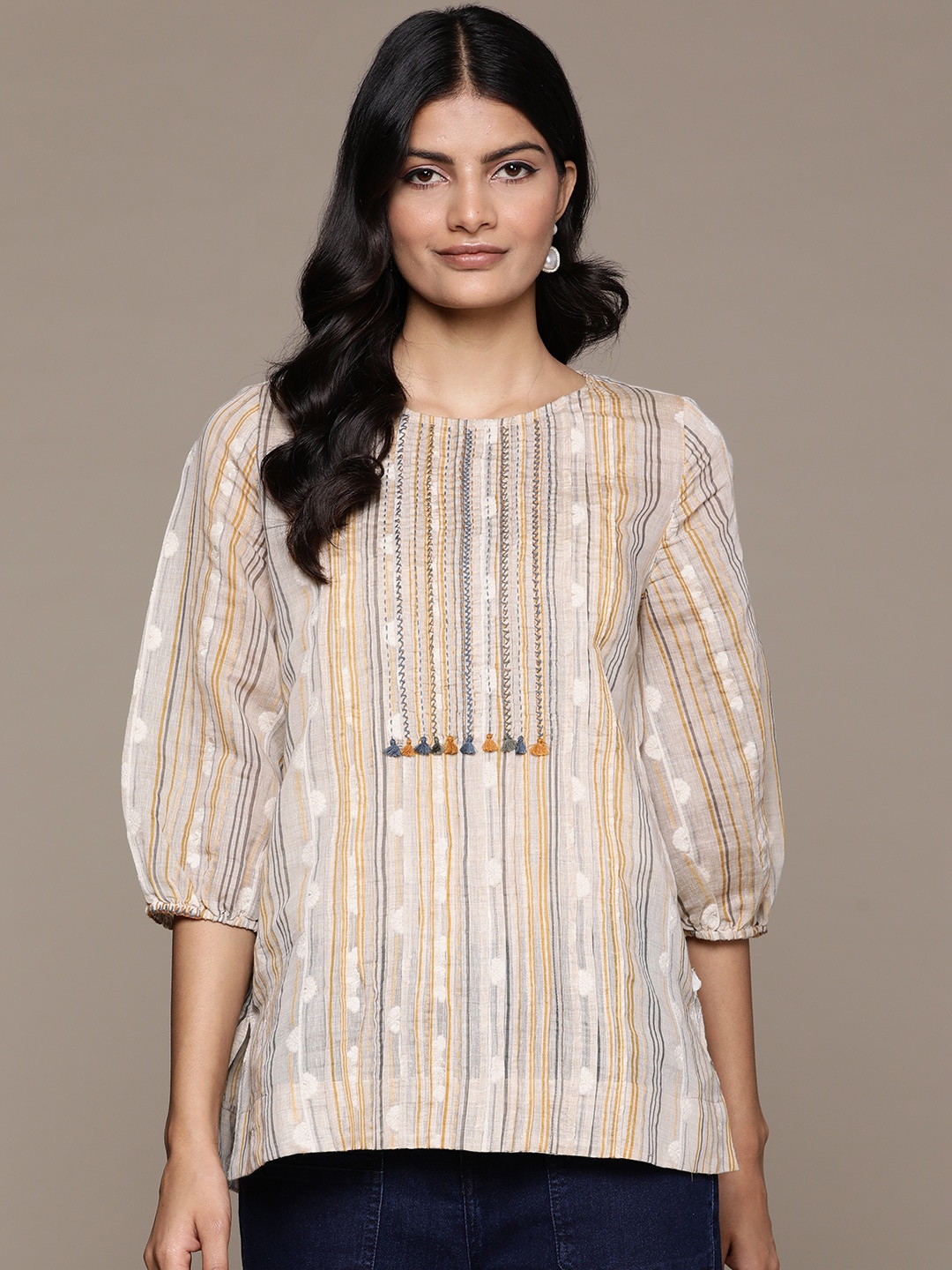 

Ritu Kumar Striped Puff Sleeve Longline Top with Camisole, White