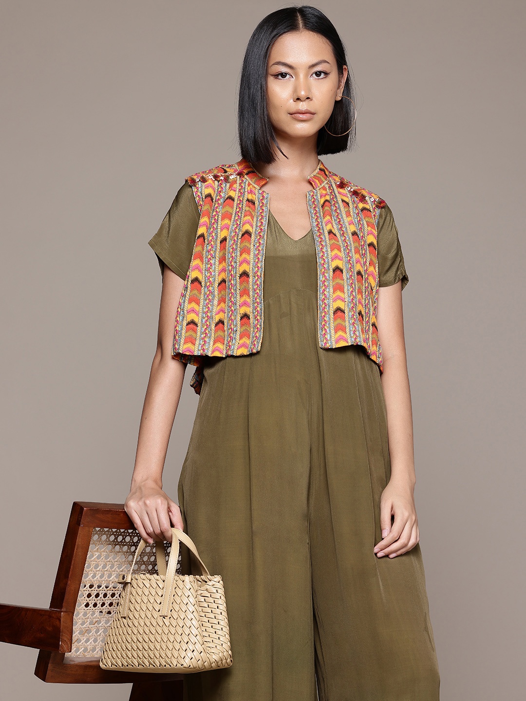 

Ritu Kumar Basic Jumpsuit with Printed Jacket, Olive