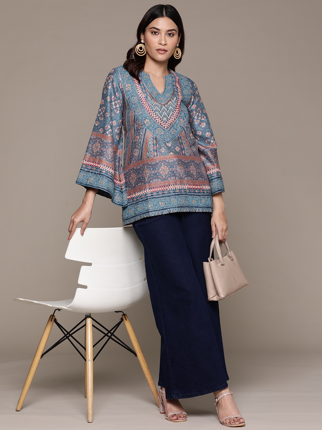 

Ritu Kumar Printed Flared Sleeve Top, Blue