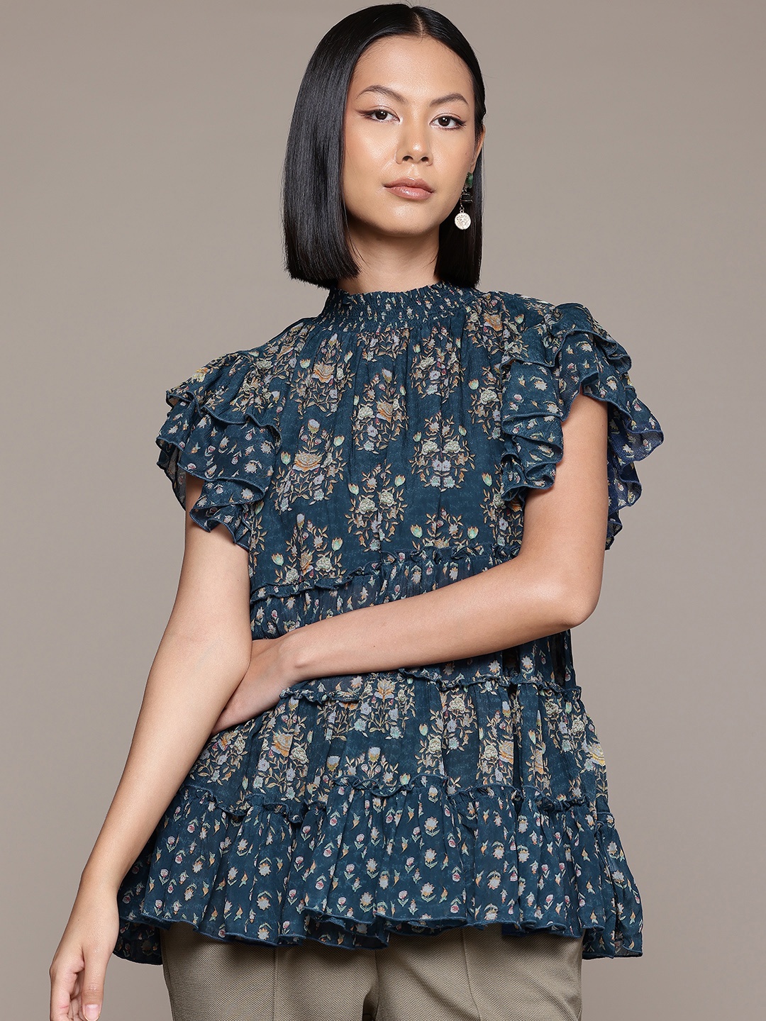 

Ritu Kumar Floral Printed Tiered Top, Blue