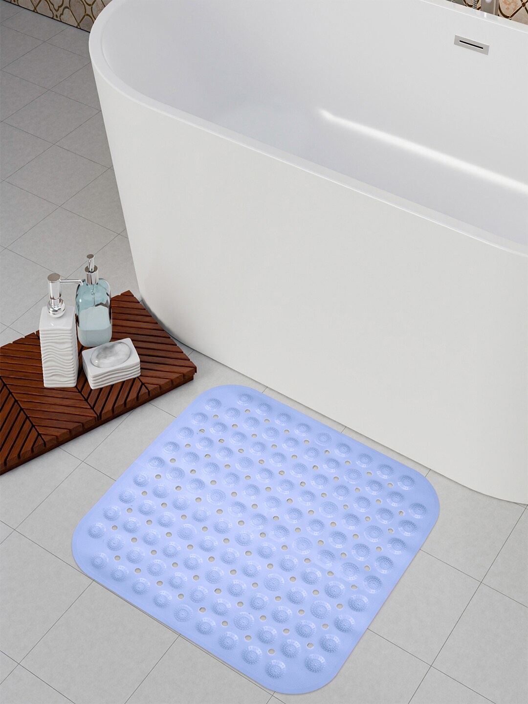 

Kuber Industries 2Pcs Blue Printed Floral Water Absorbent Bath Rugs