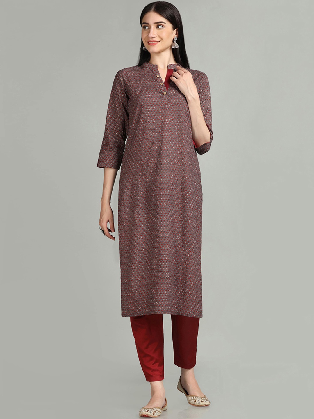

HRITIKA Geometric TMandarin Collar Three-Quarter Sleeves Cotton Kurta, Grey