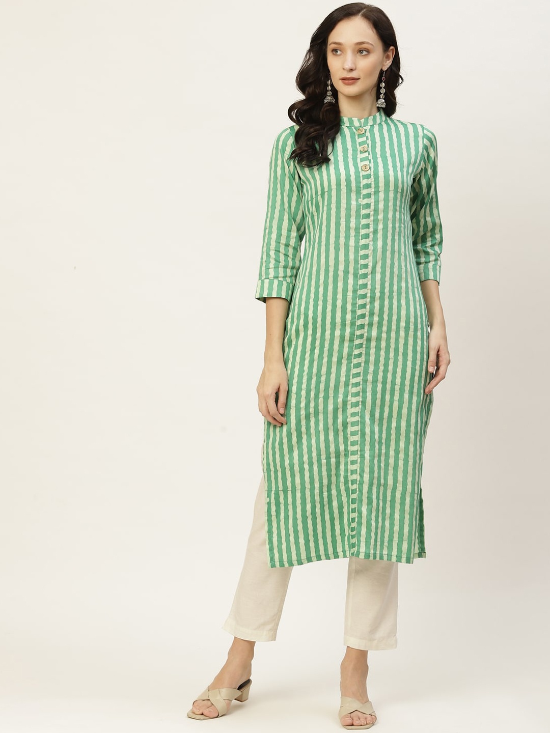 

HRITIKA Striped Mandarin Collar Three-Quarter Sleeves Cotton Kurta, Brown