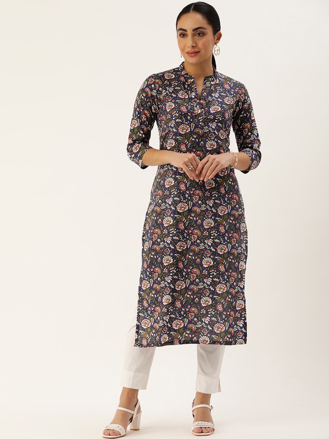 

HRITIKA Mandarin Collar Floral Printed Indie Prints Straight Kurta, Navy blue