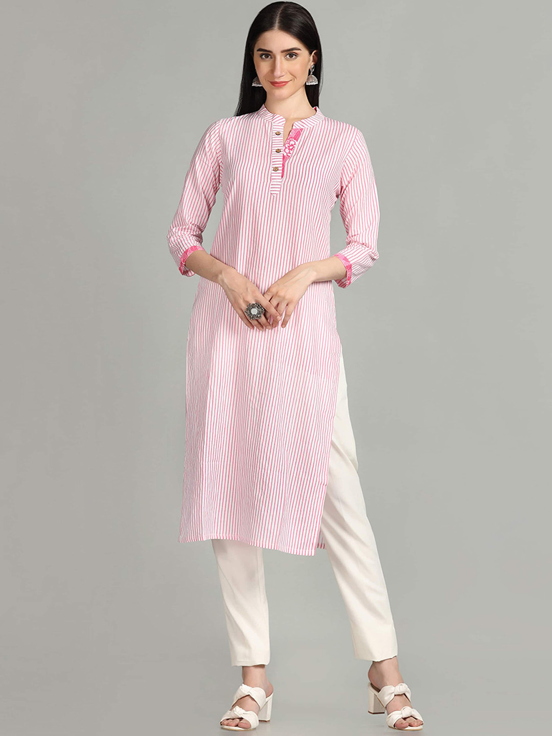 

HRITIKA Striped Woven Design Mandarin Collar Kurta, Pink