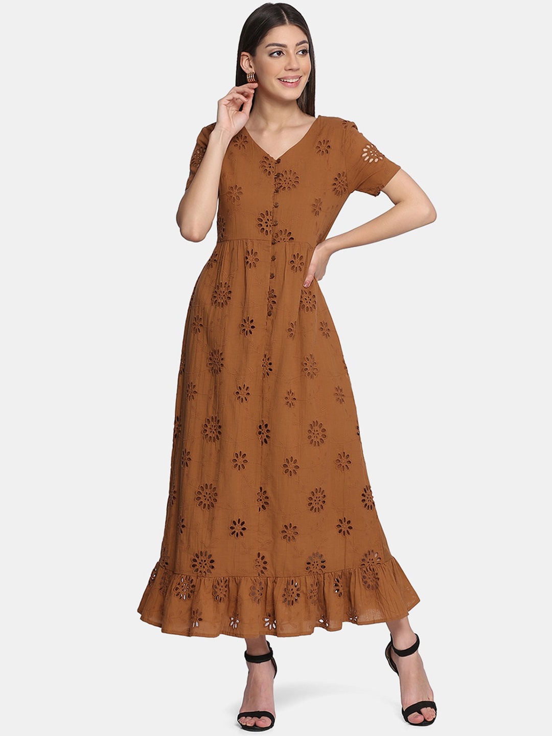 

HRITIKA V-Neck Ethnic Motifs Thread Work Indie Prints A-Line Kurta, Brown