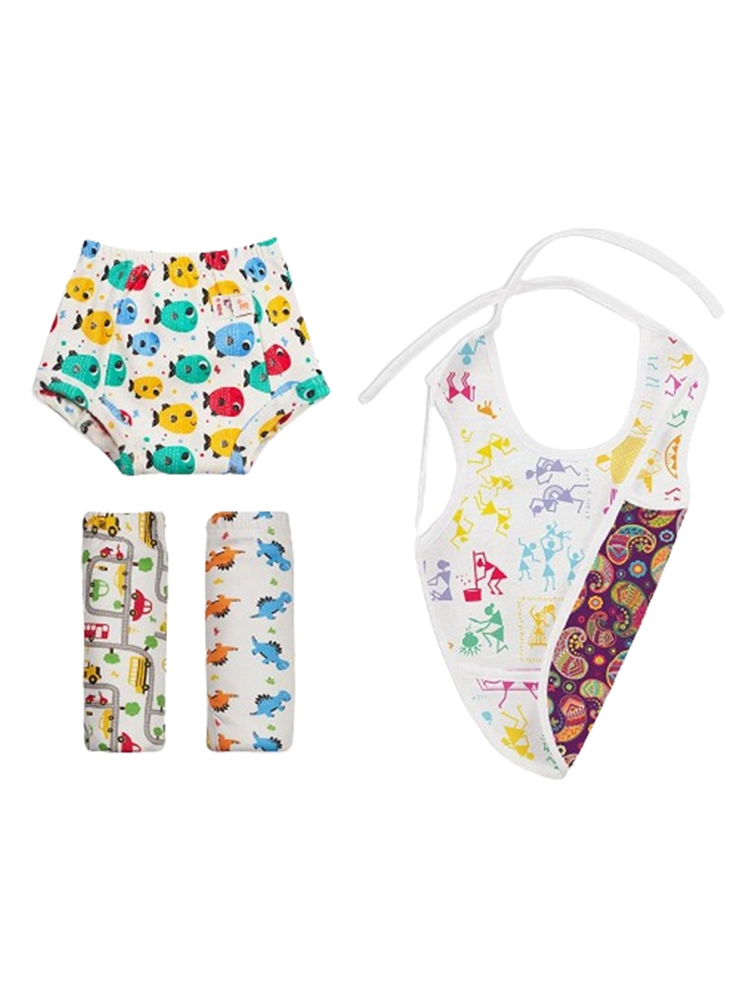 

SuperBottoms Pack Of 4 Printed Pure Cotton Padded Underwear & Bib, White