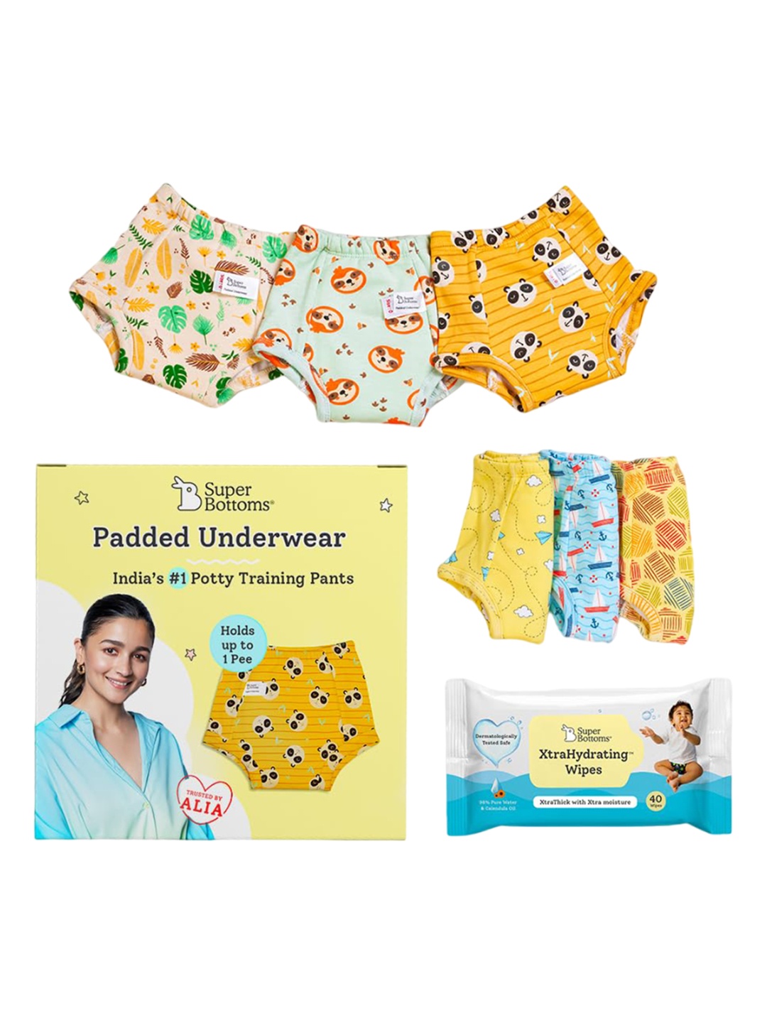 

SuperBottoms Set of 6 Super Dry Feel Padded Underwear with Xtra Hydrating Wipes, Multi