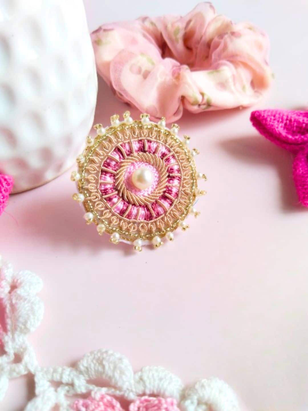 

DressBerry Pink Beaded Cocktail Adjustable Ring, Gold