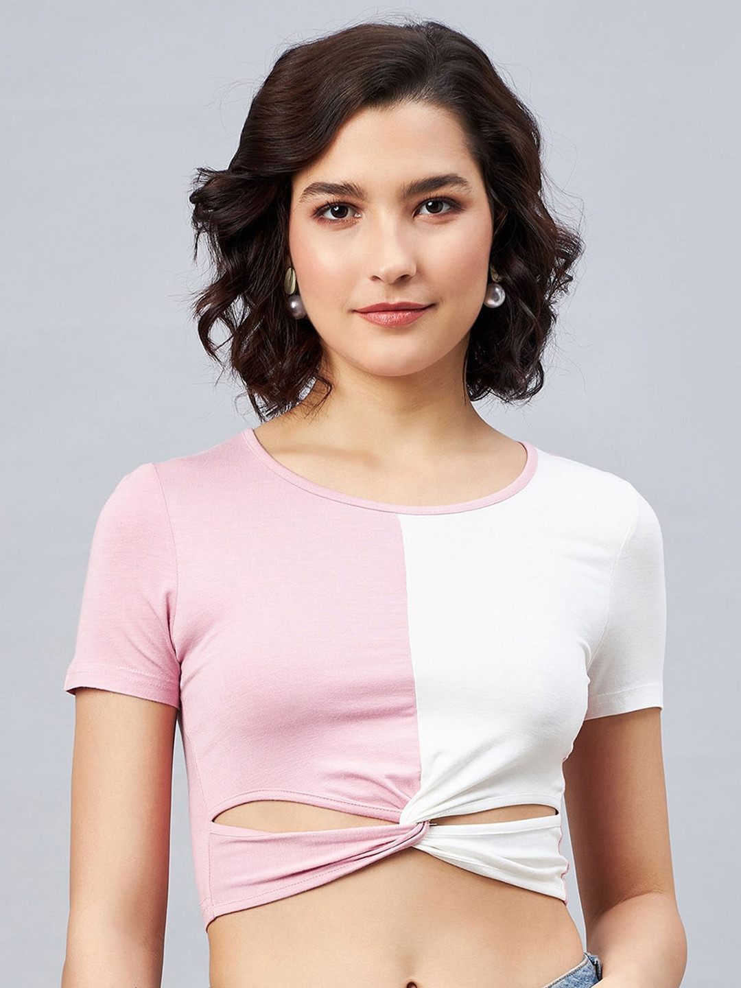 

Orchid Blues Round Neck Short Sleeves Colorblocked Cotton Crop T-shirt, Pink