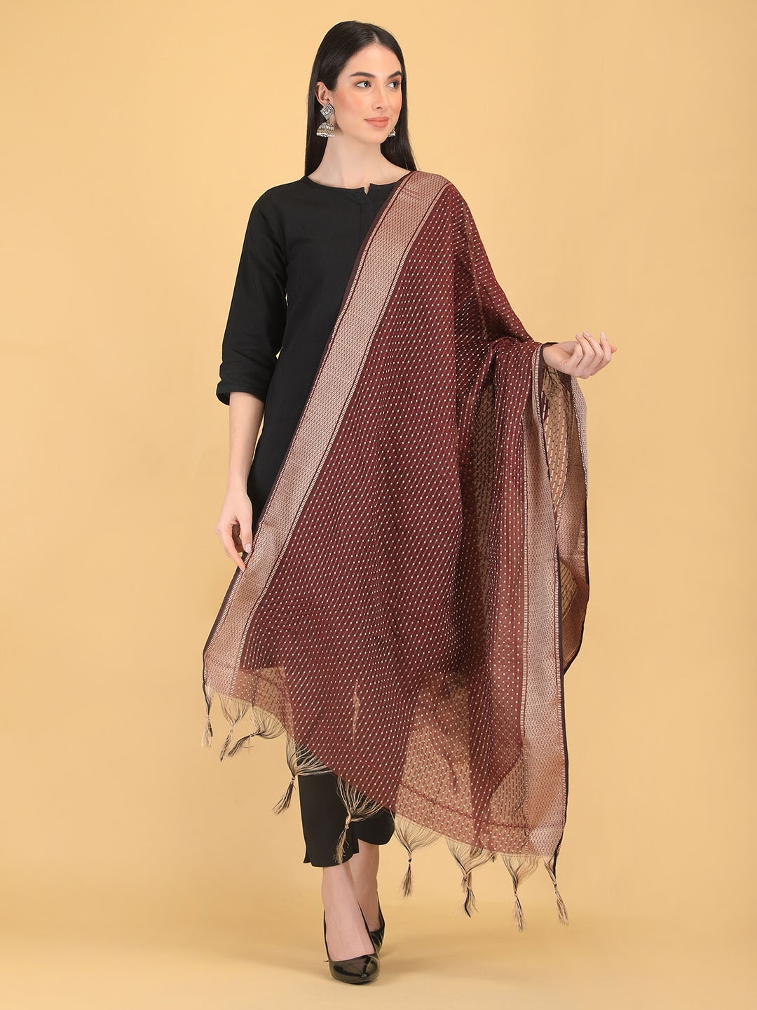 

Livvie Striped Cotton Silk Dupatta with Thread Work, Maroon