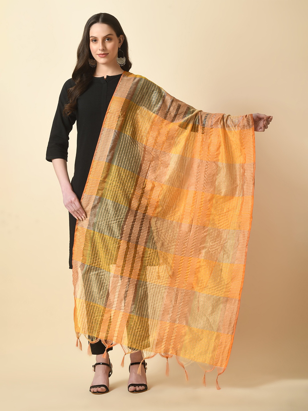 

Livvie Geometric Woven Design Cotton Silk Dupatta, Yellow