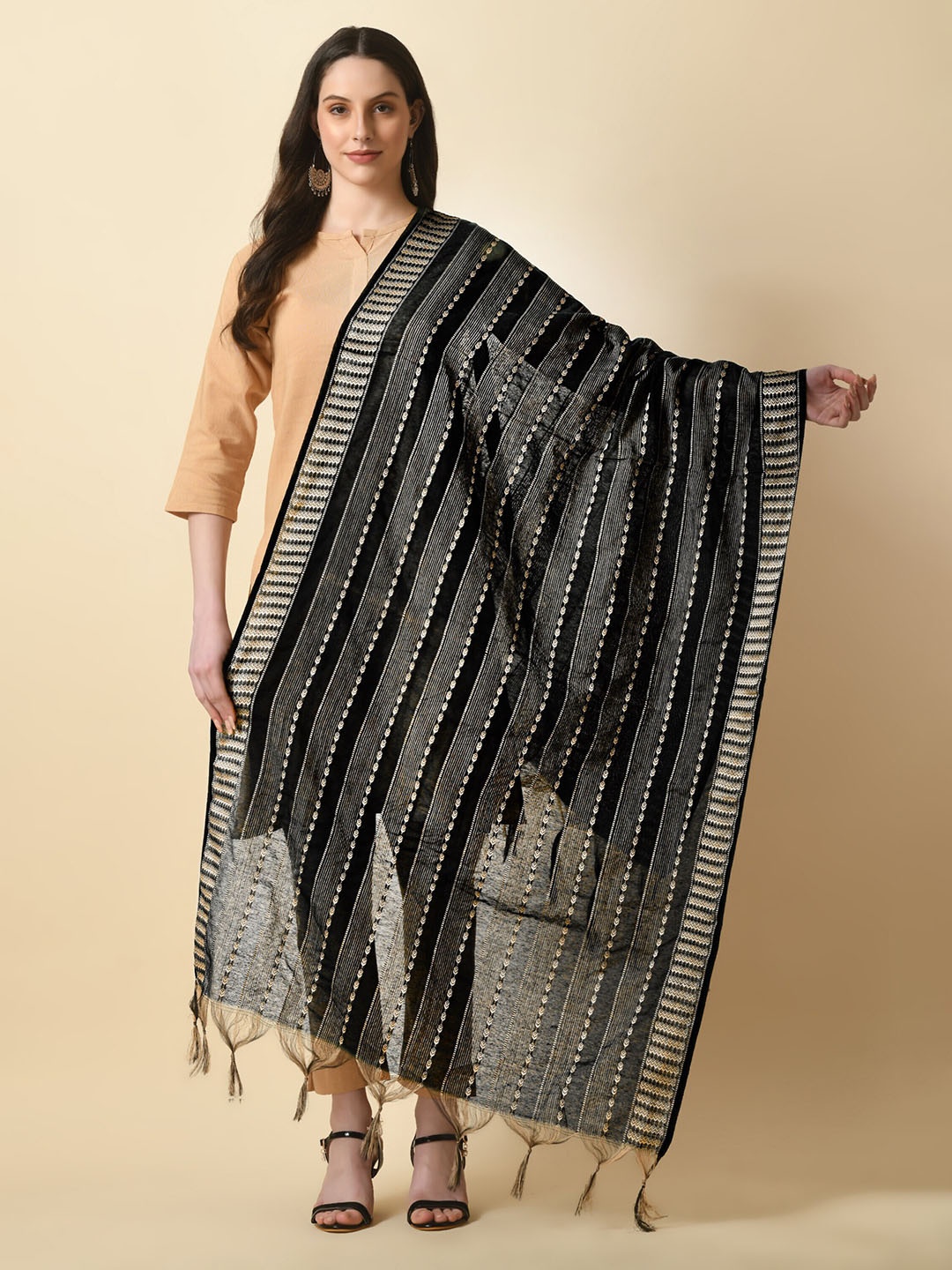 

Livvie Striped Cotton Silk Dupatta with Thread Work, Black