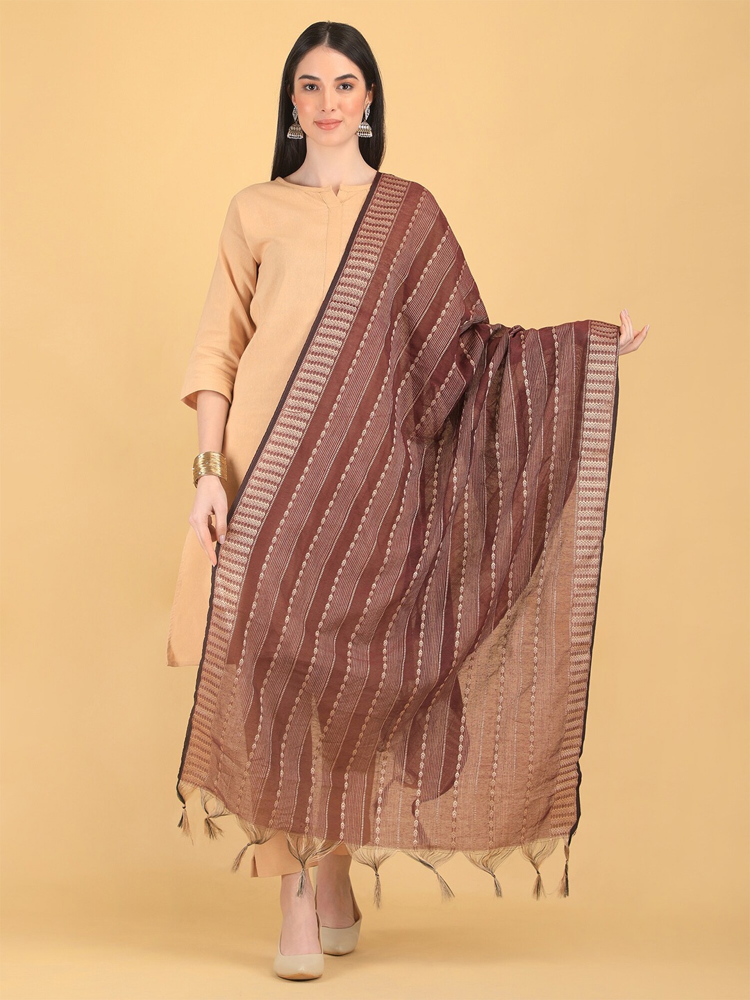 

Livvie Striped Cotton Silk Dupatta with Thread Work, Maroon