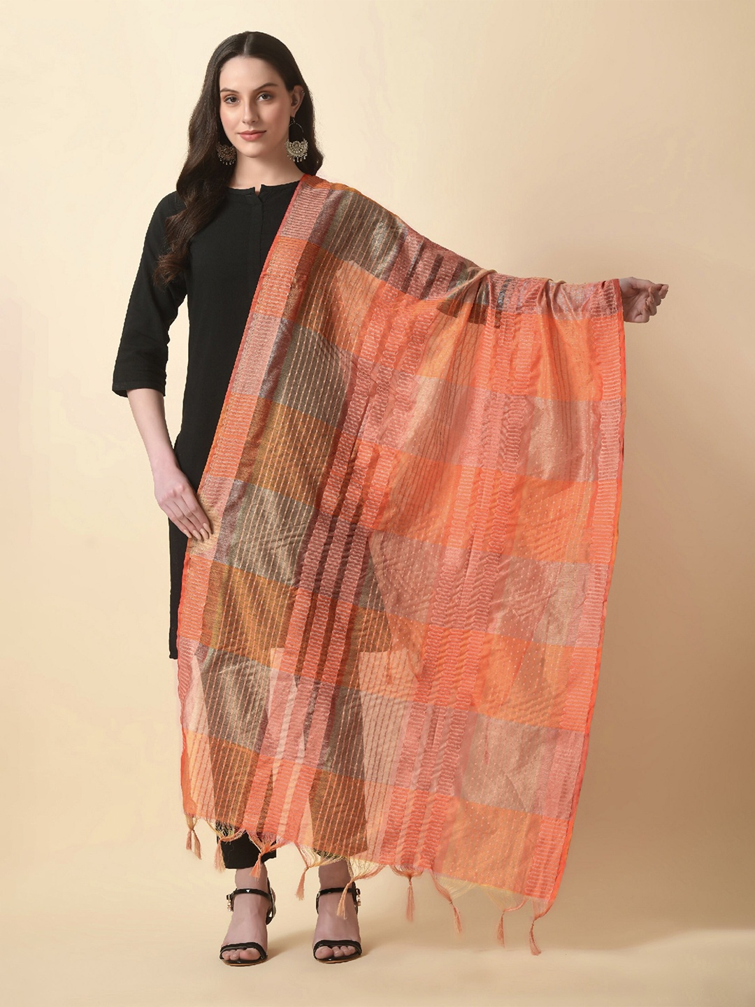 

Livvie Striped Cotton Silk Dupatta with Thread Work, Peach