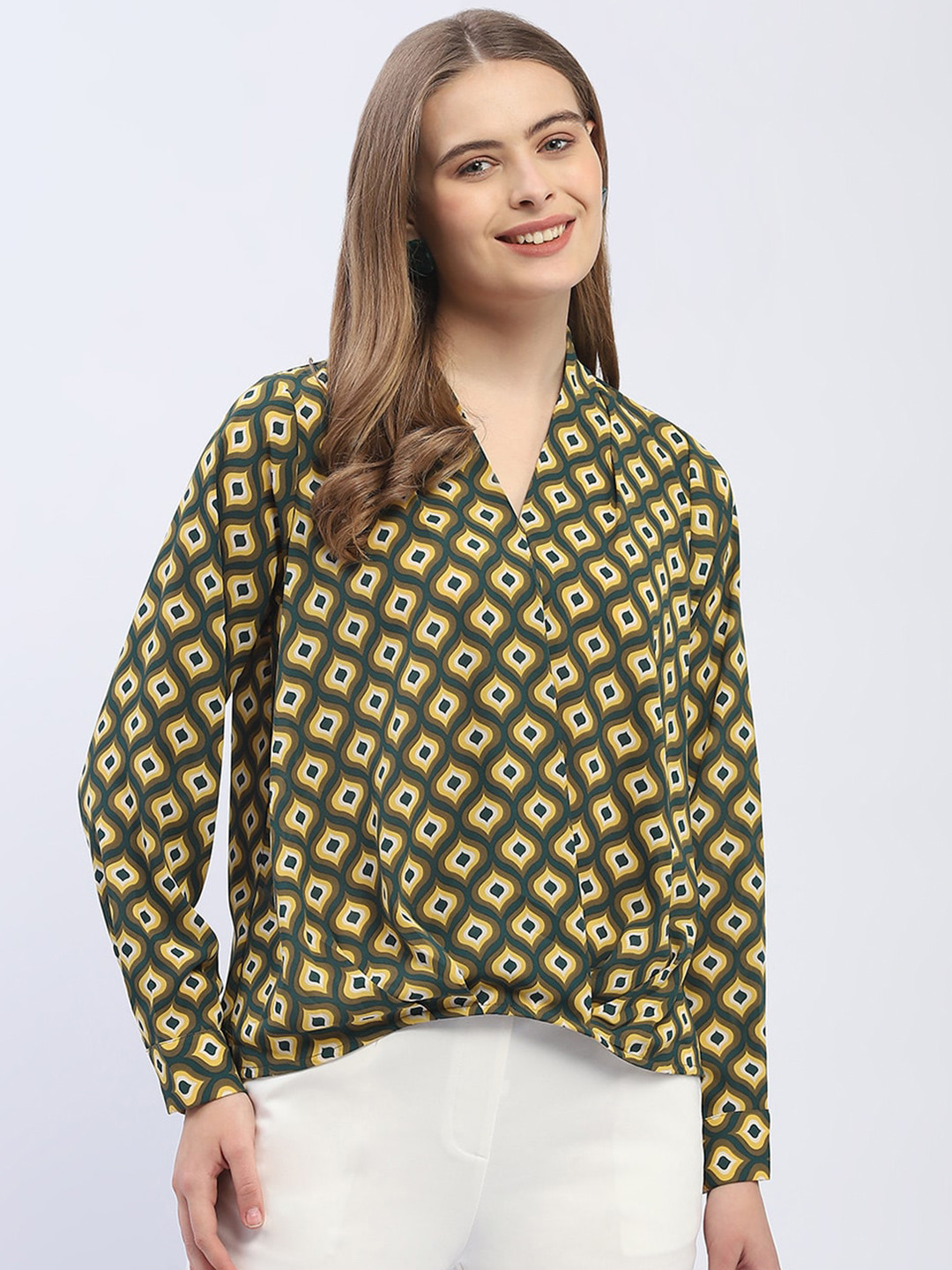 

Madame V-Neck Long Sleeves Geometric Print Wrap Top, Mustard