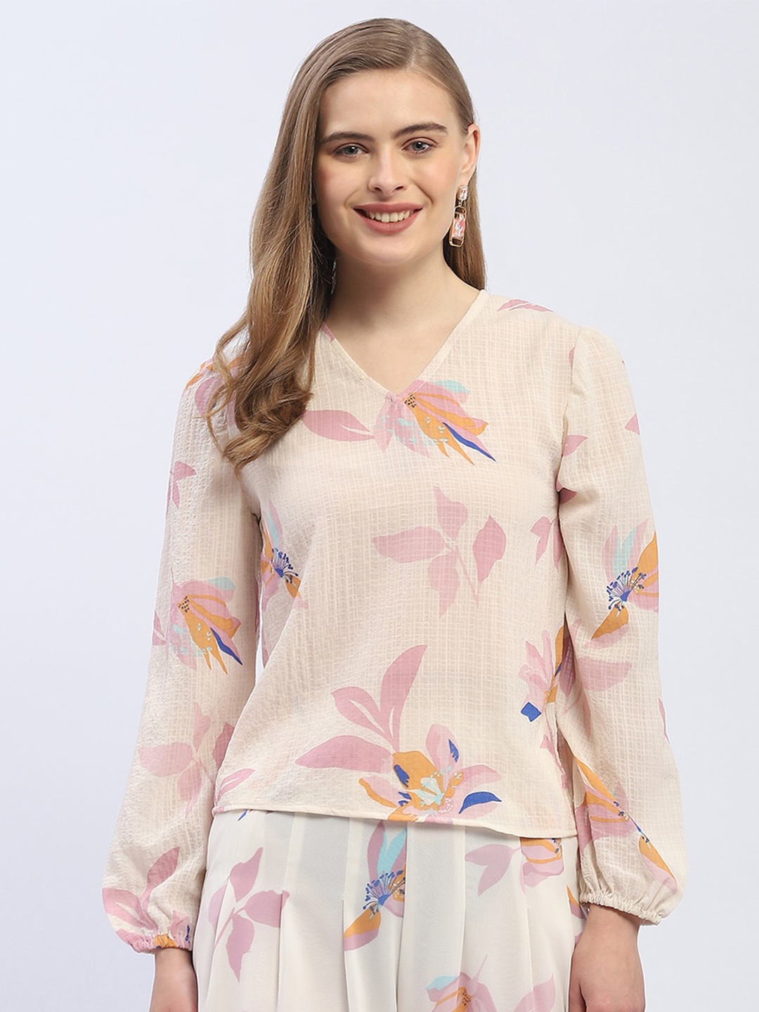 

Madame V-Neck Long Sleeves Floral Print Wrap Top, Off white