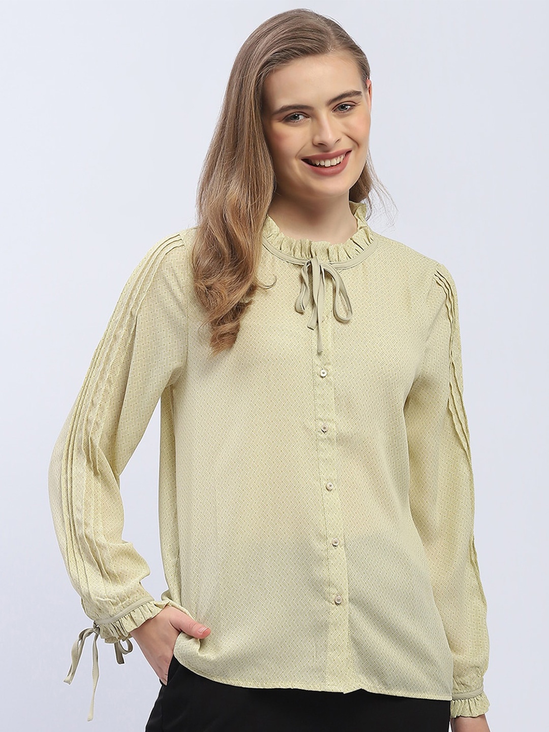 

Madame Geometric Printed Tie-Up Neck Cuffed Sleeves Shirt Style Top, Mustard