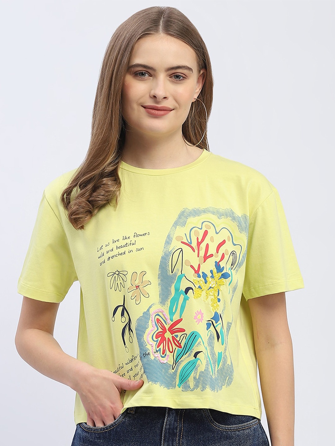 

Madame Floral Printed Cotton T Shirt, Green