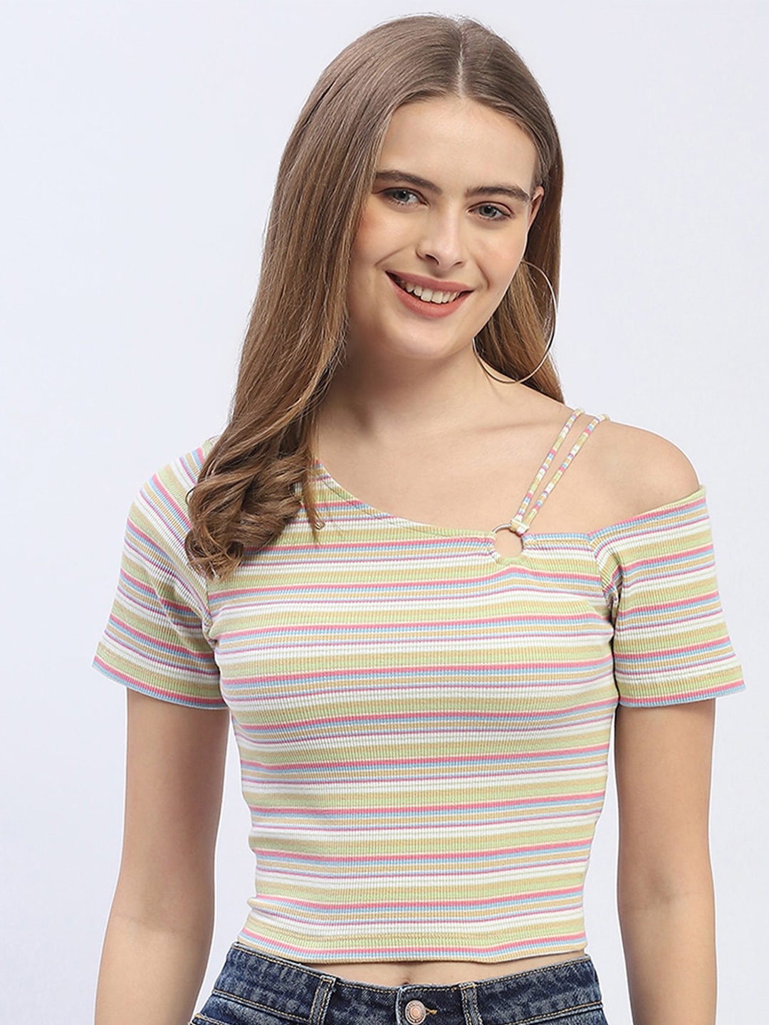 

Madame Striped One Shoulder Cotton Crop Top, Green