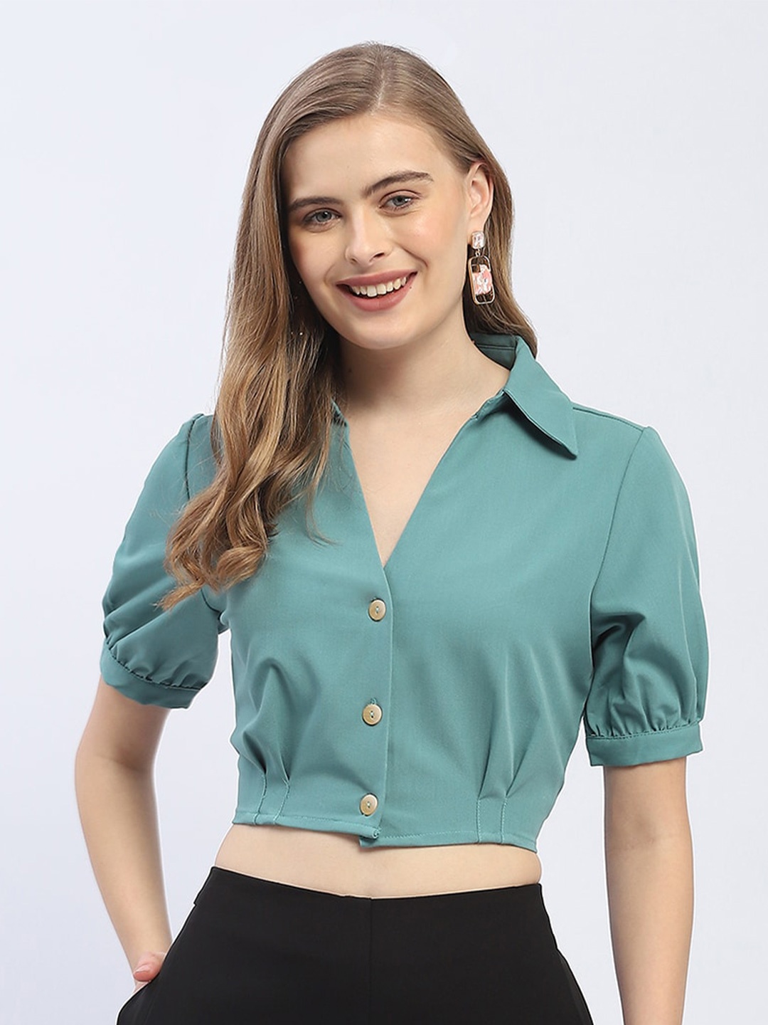 

Madame Puff Sleeves Shirt Style Crop Top, Green