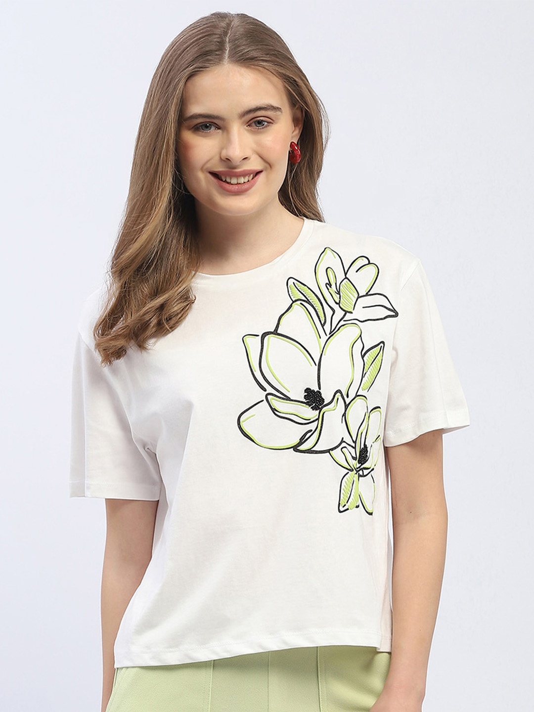 

Madame Floral Printed Round Neck Cotton T-shirt, White