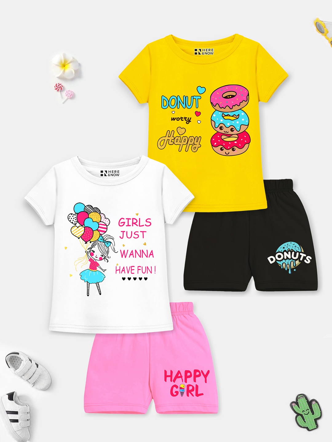 

HERE&NOW Girls Printed T-shirt with Shorts, Yellow