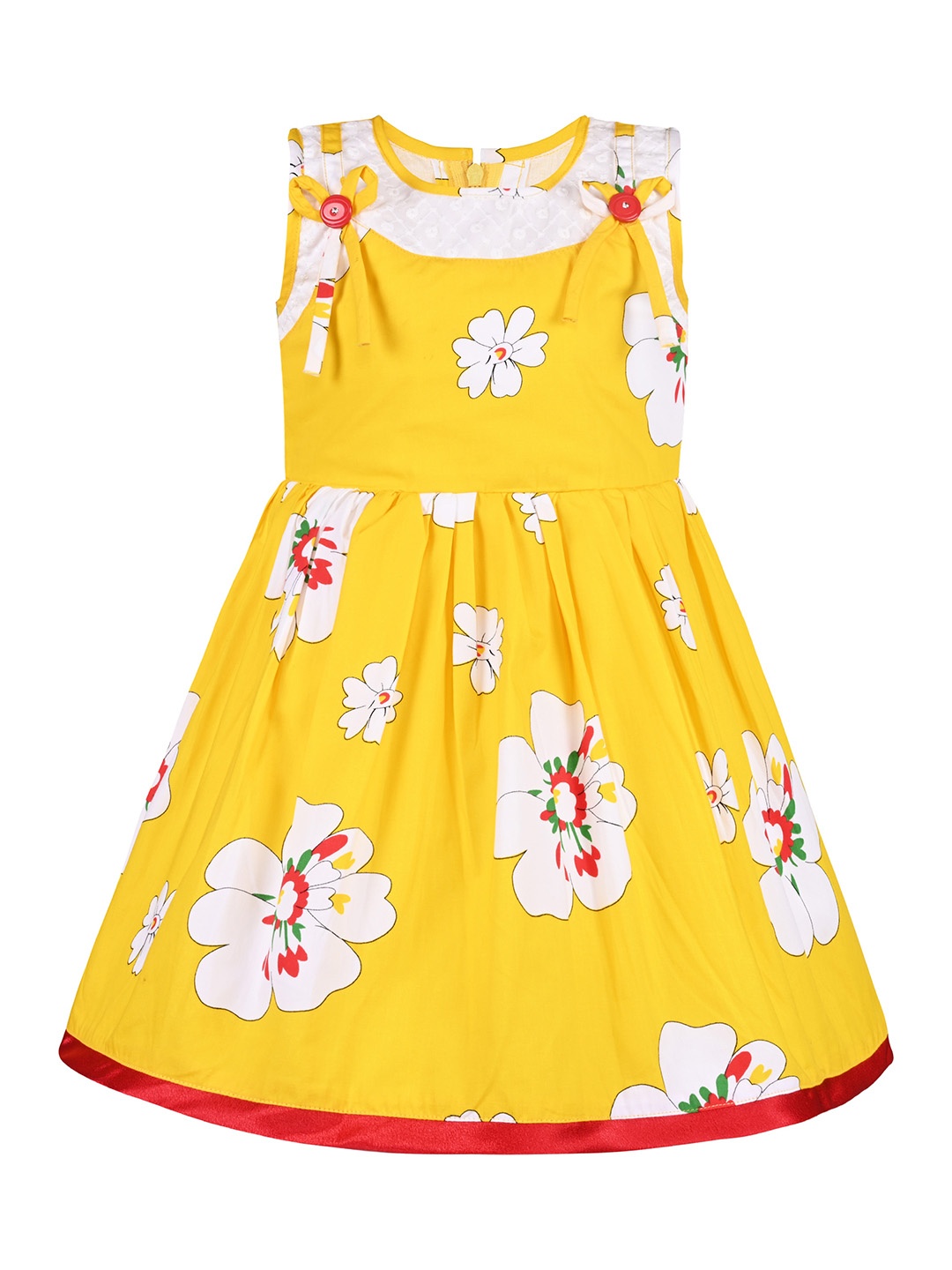 Wish Karo Girls Floral Printed Round Neck Cotton Fit and Flare Dress, Yellow