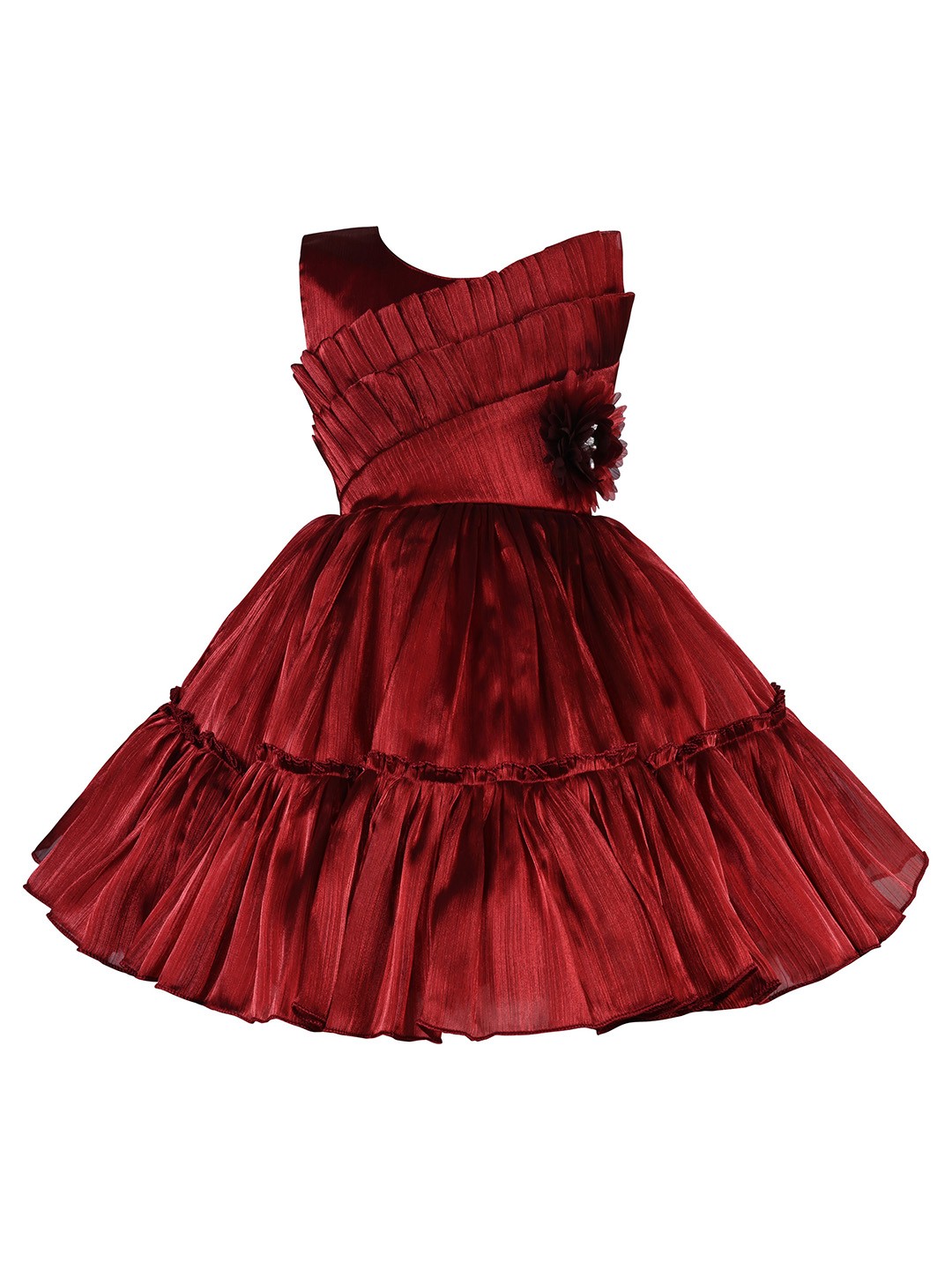 

Wish Karo Girls Round Neck Organza Pleated Fit and Flare Dress, Maroon