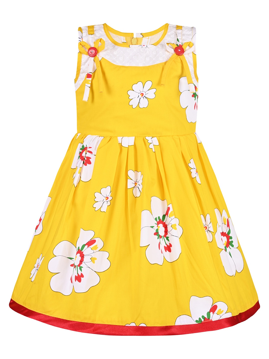 Wish Karo Girls Floral Printed Gathered Cotton Fit & Flare Dress, Yellow