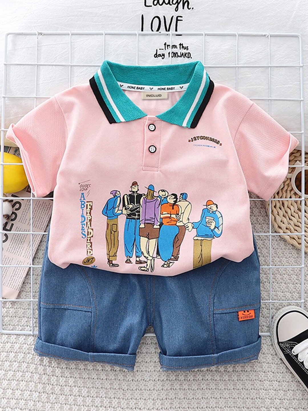 

INCLUD Boys Printed Polo Collar T-shirt with Shorts, Pink