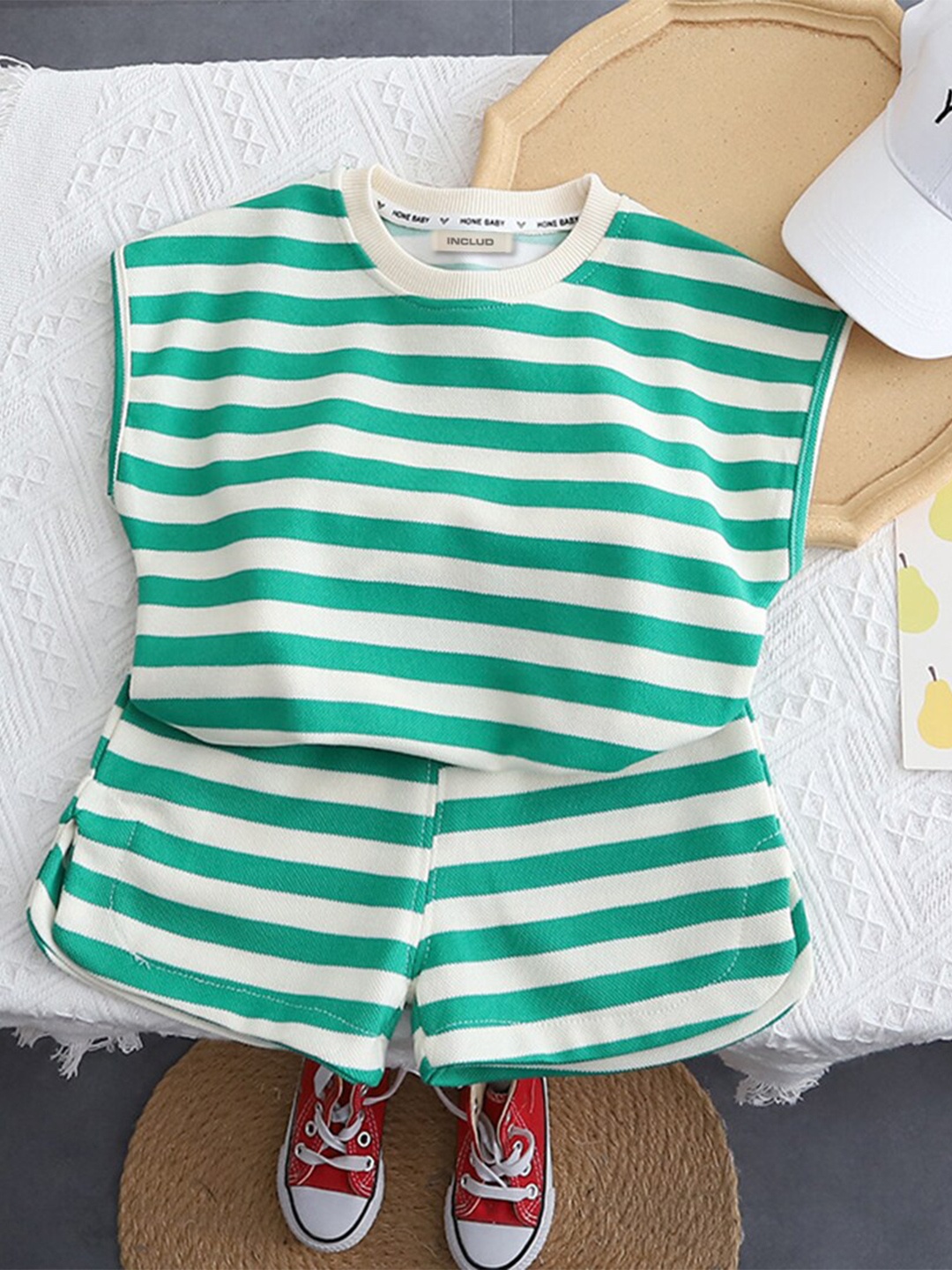

INCLUD Boys Striped T-shirt with Shorts, Sea green