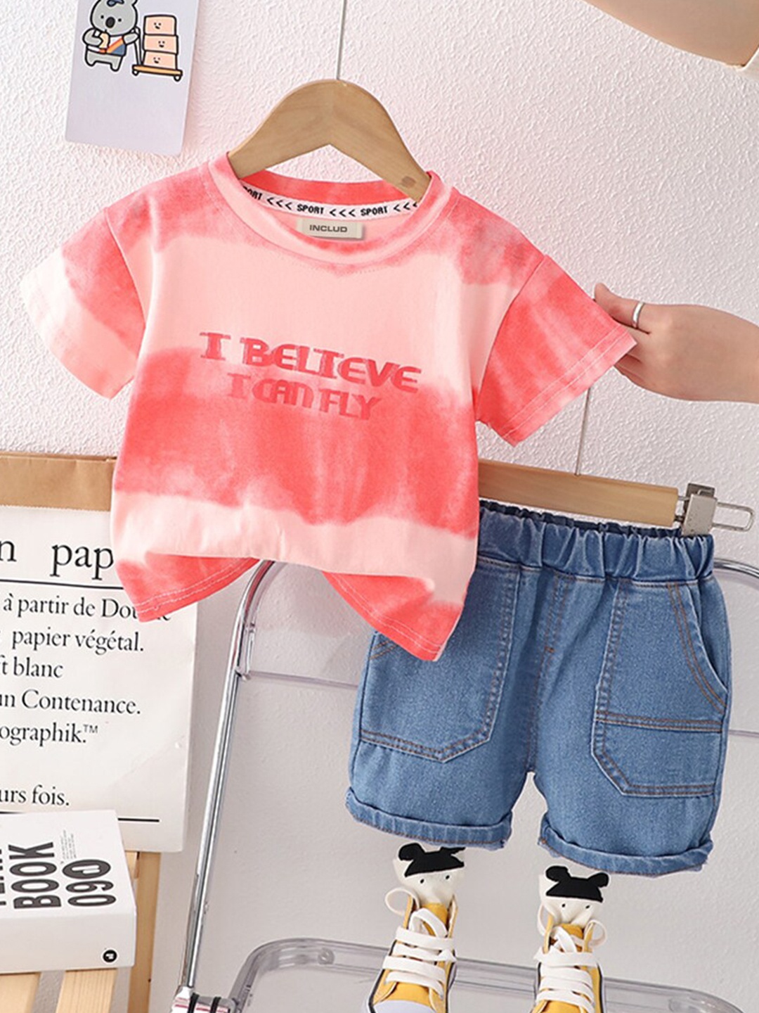 

INCLUD Boys Colourblocked T-shirt With Shorts, Pink