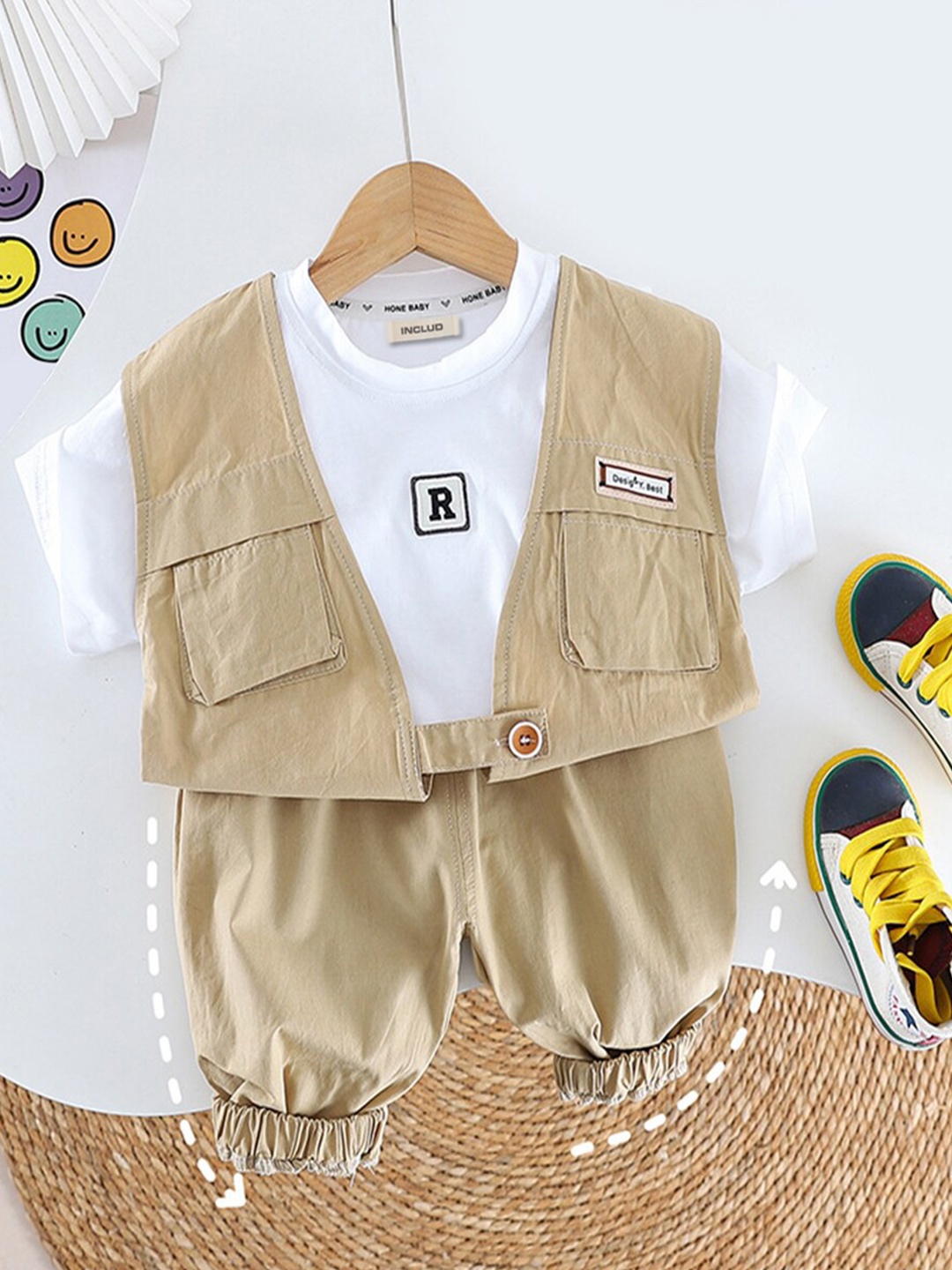 

INCLUD Boys Round Neck T-Shirt With Shorts, Khaki