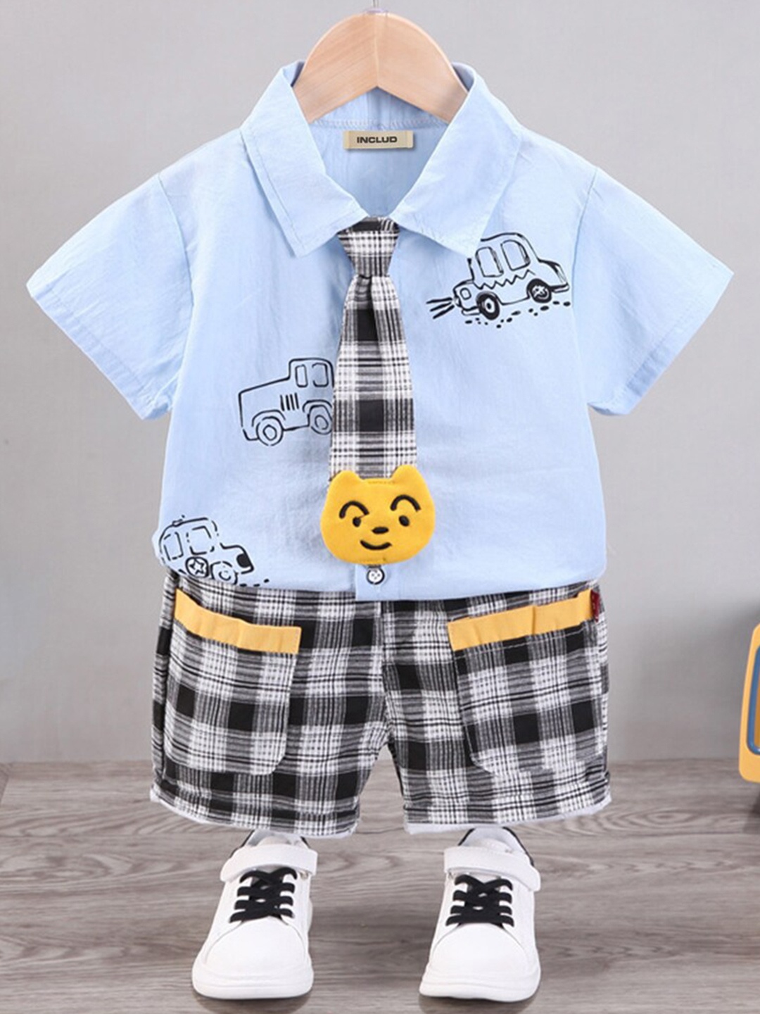 

INCLUD Boys Printed Shirt with Checked Shorts, Blue