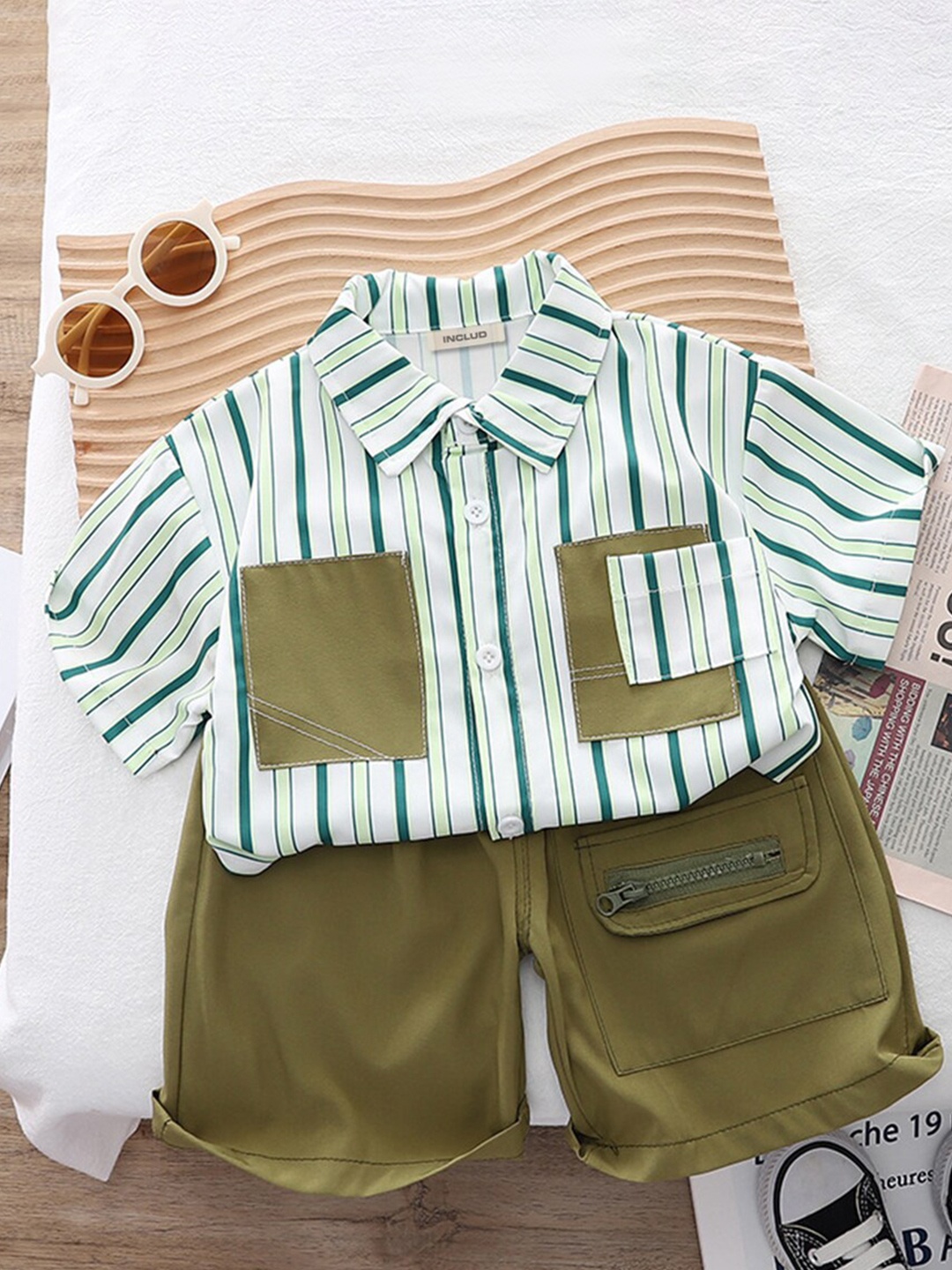 

INCLUD Boys Striped Shirt with Shorts, Green