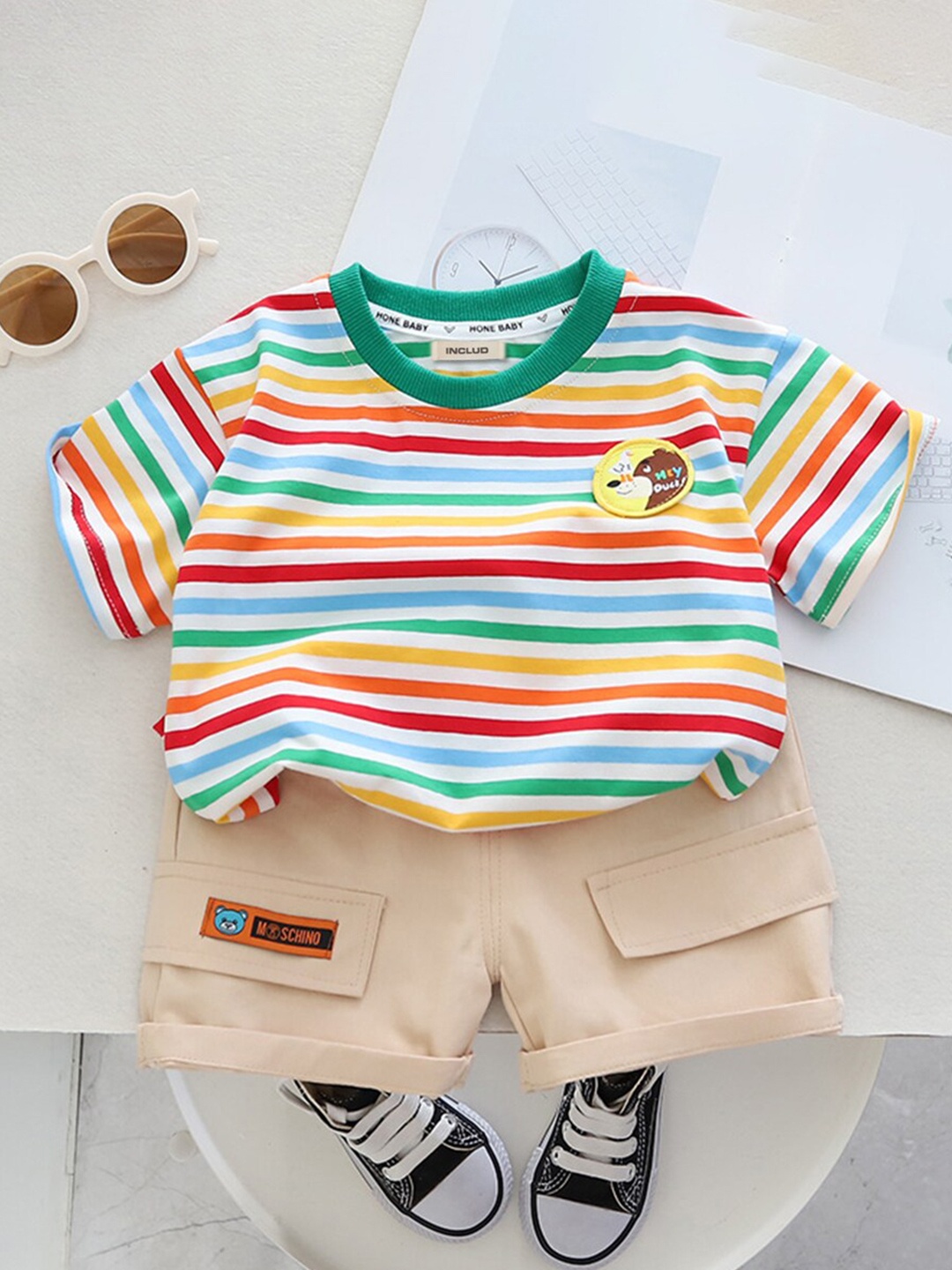 

INCLUD Boys Striped T-shirt with Shorts, Khaki