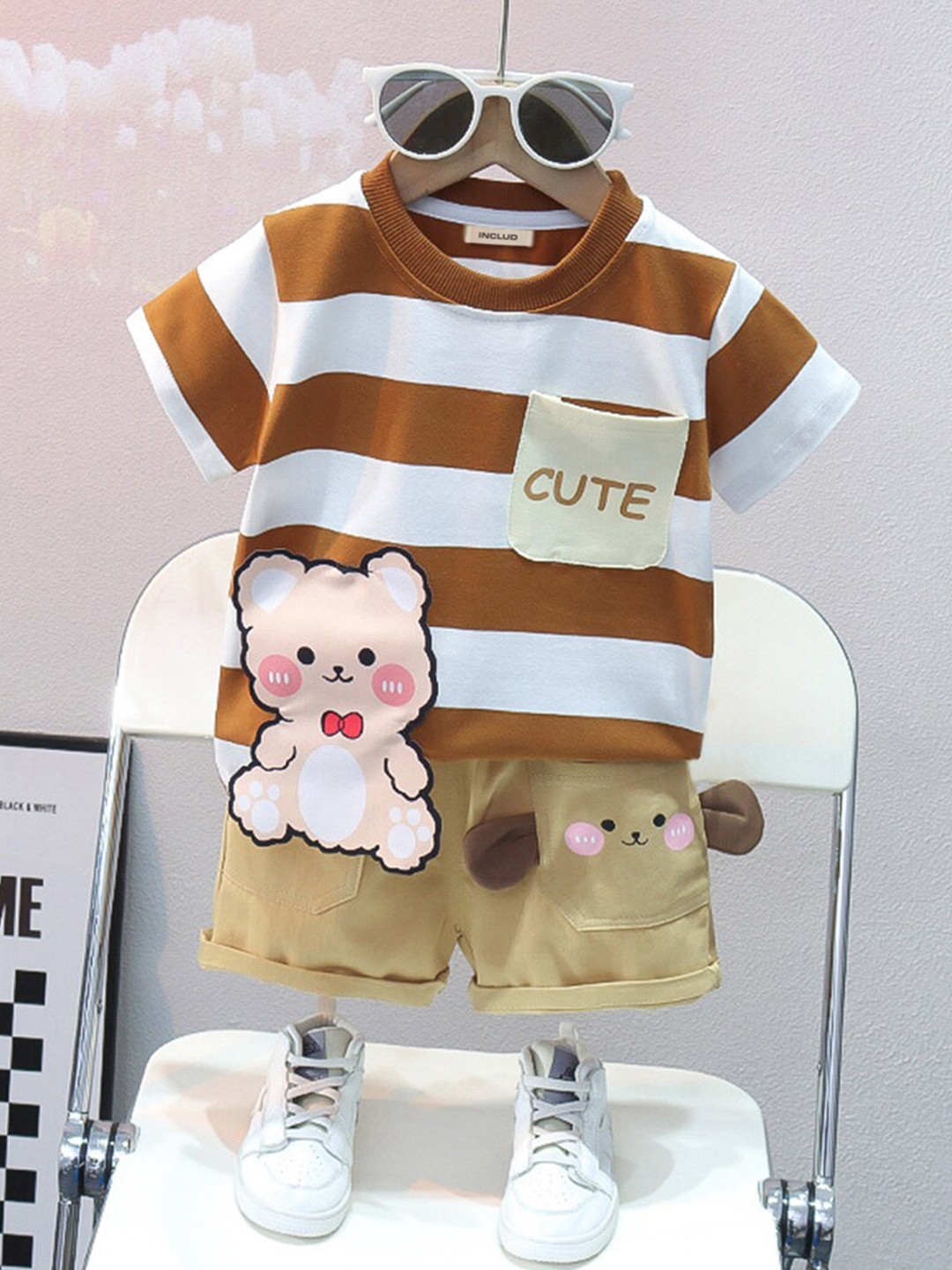 

INCLUD Boys Striped T-shirt With Shorts, Brown